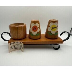 Vintage 1970s Turkish Hand-Painted Wooden Salt & Pepper Shaker Set with Stand -